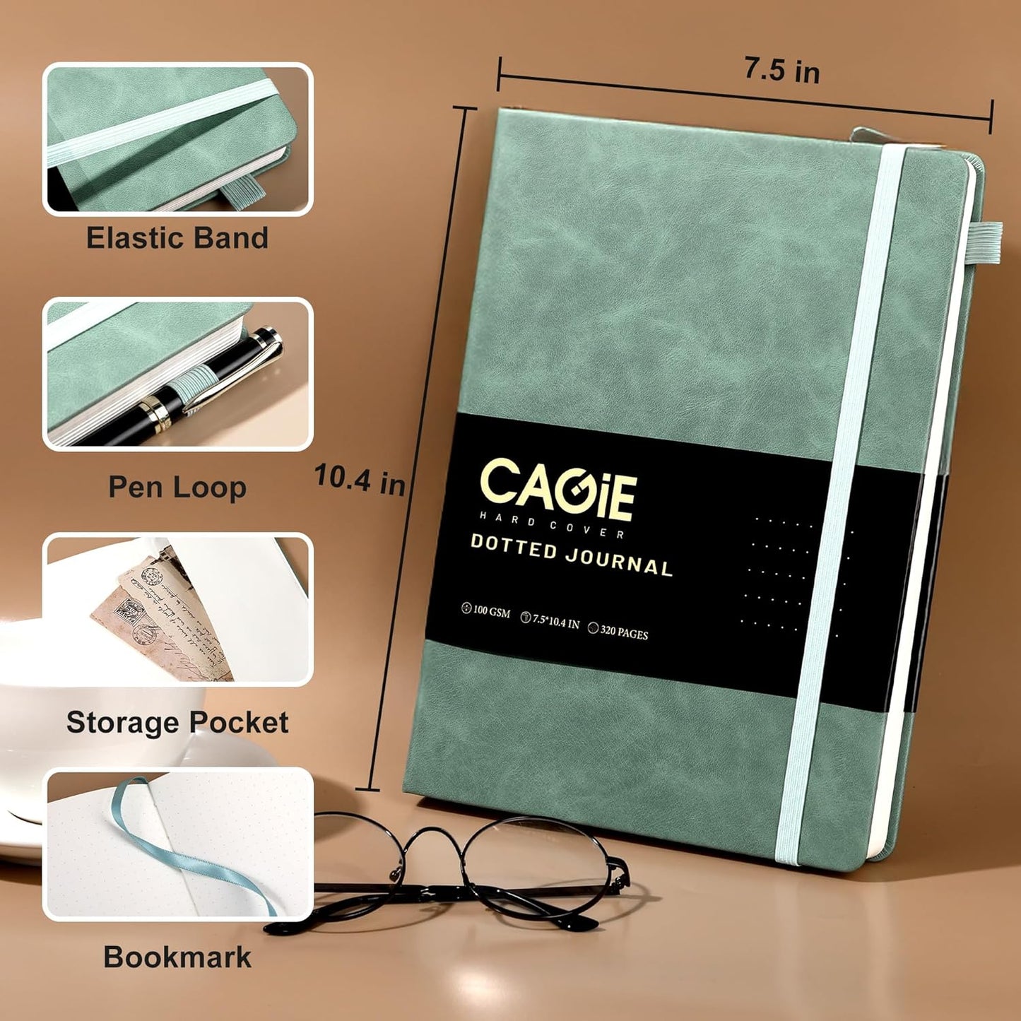 CAGIE Lined Journal Notebook for Women Men 320 Pages 100 Gsm Paper Thick Journaling Notebooks A5 Leather Journals for Writing Hardcover Journal Supplies for Work Note Taking Diary, 5.7x8.3 In, Green