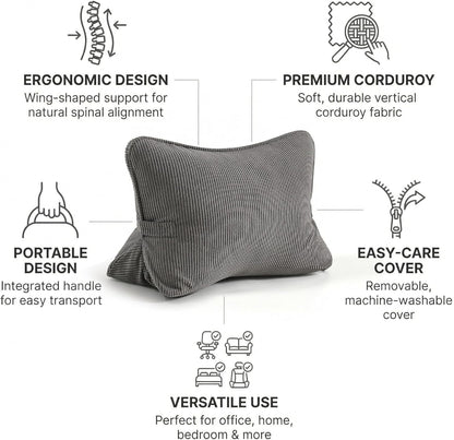 Pat. Pend. Corduroy Lumbar Support Back Pillow for Watching TV, Reading & Gaming, Ergonomic Triangle Support Cushion for Sofa, Armchair & Bed Sitting, Removable Washable Cover, Beige Gray