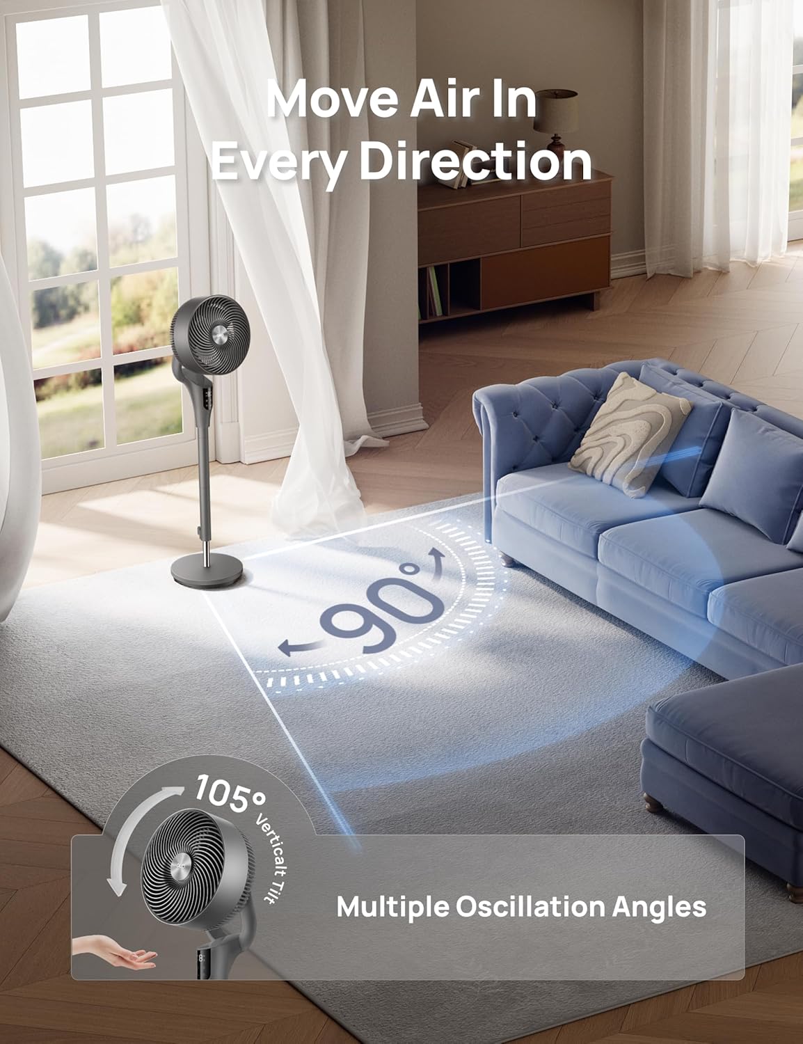 DREO Fan for Bedroom, 2026 Upgraded, 90ft Airflow, 20dB Quiet Fan, 90° Oscillating Standing Fan for Whole Room, DC Motor, 8+H Speeds, 3 Modes, 38-42'' Adjustable Height, 8H Timer, 105° Manual Vertical