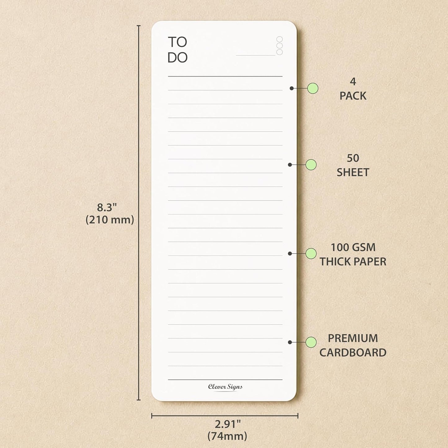 Skinny To Do List Notepad 4 Pack, 2.9" x 8.3", 50 Sheets Each, Undated Daily To Do Planner with Deadline Column, Thick Premium Paper, Cardboard Backing, Minimalist Checklist Memo Pad for Home, Office & School