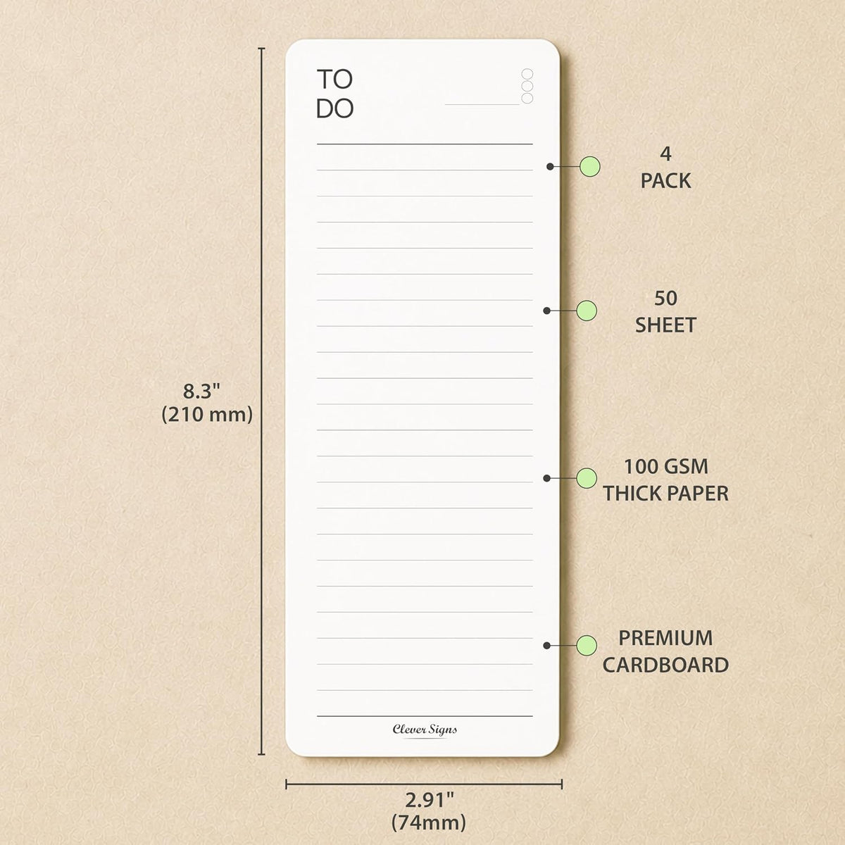 Skinny To Do List Notepad 4 Pack, 2.9" x 8.3", 50 Sheets Each, Undated Daily To Do Planner with Deadline Column, Thick Premium Paper, Cardboard Backing, Minimalist Checklist Memo Pad for Home, Office & School