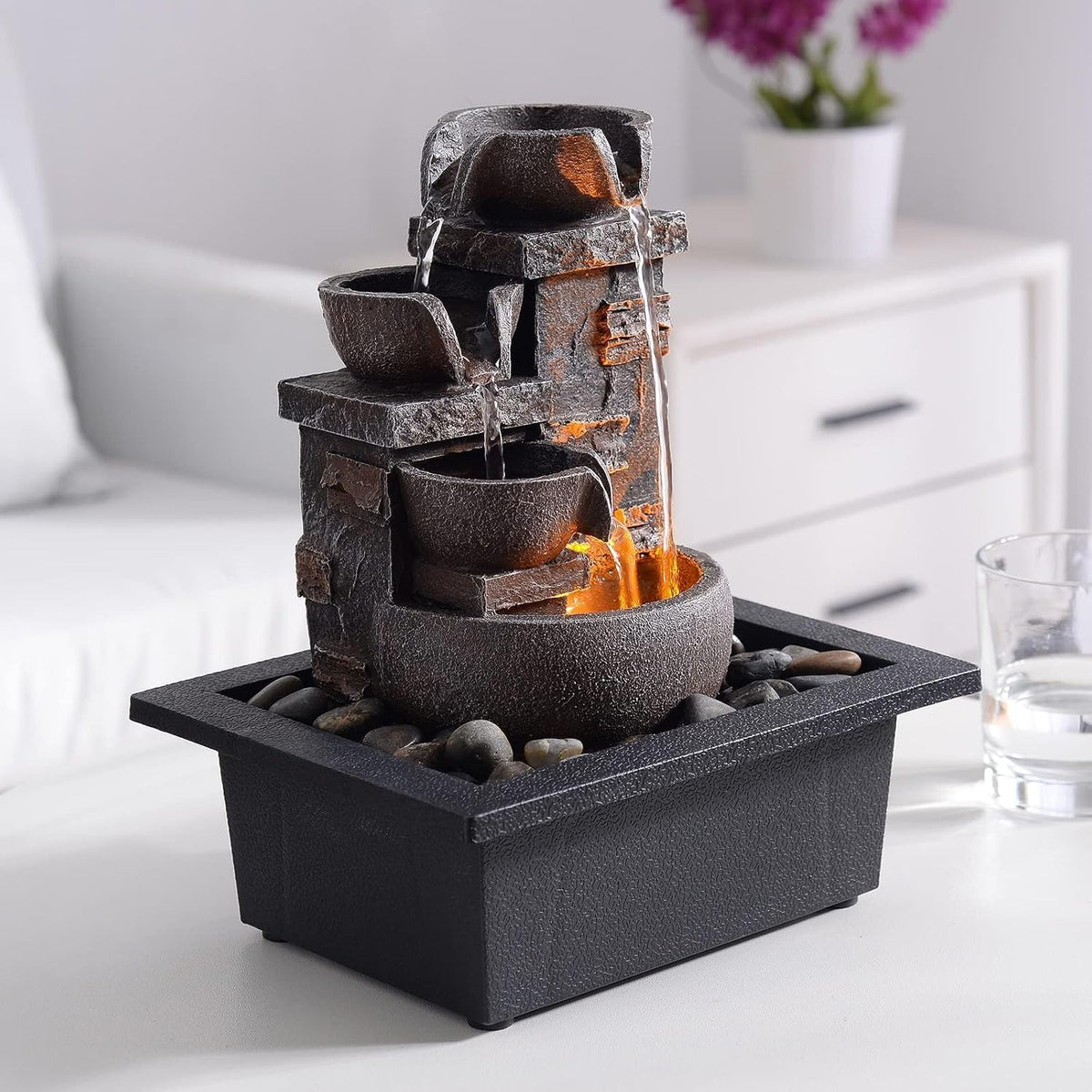 Kalona Tabletop Water Fountain, Indoor Waterfall with Resin Rock Design