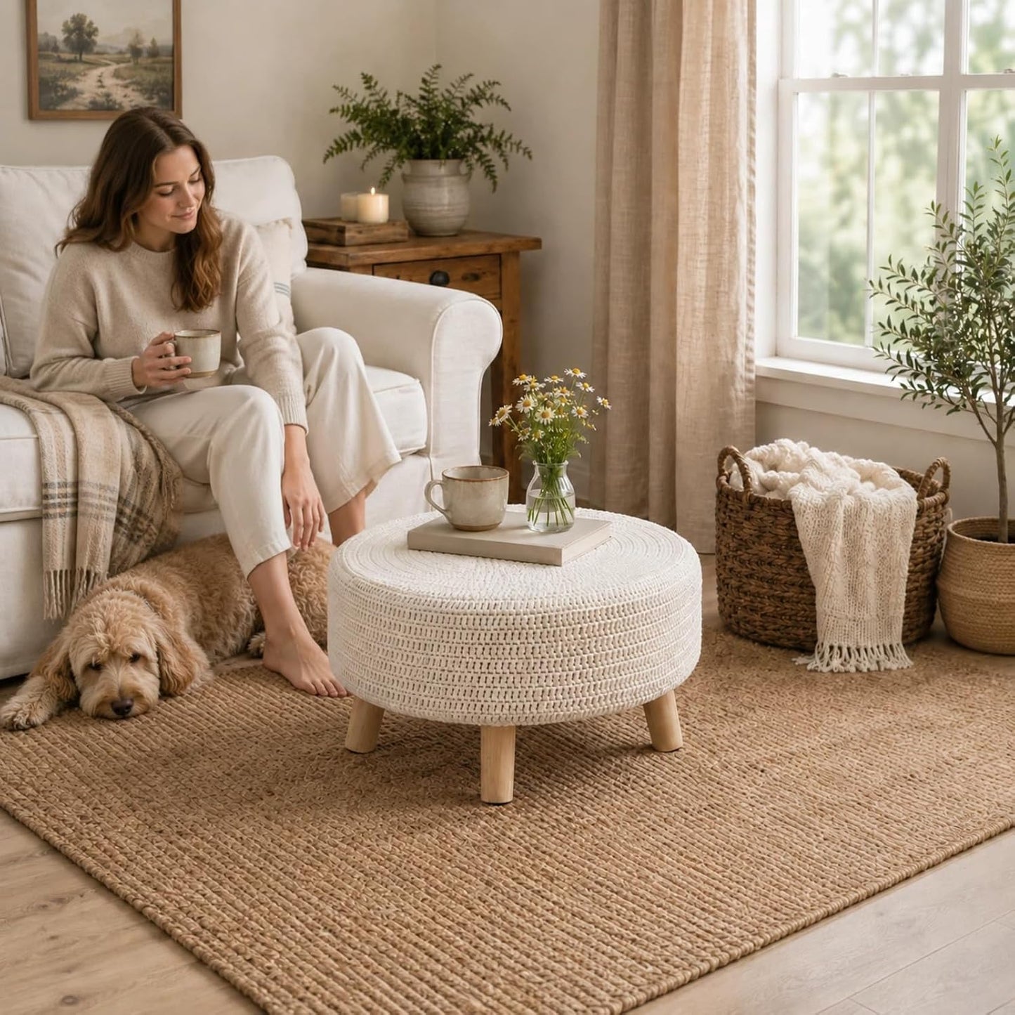 Wimarsbon Pouf Ottoman, 100% Cotton Knitted Boho Footstool, Round Footrest with Non-Skid Wood Legs, Home Décor Handmade Pouffe, Leisure Floor Step Stool for Living Room (Beige)