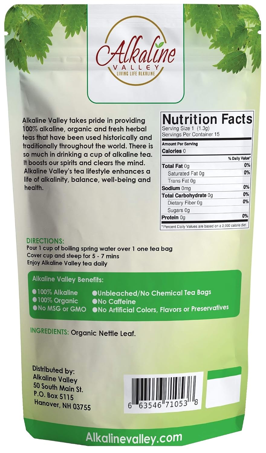 Nettle Leaf Tea - 100% Alkaline and Organic - 15 Unbleached/Chemical-Free Nettle Tea Bags - Caffeine-Free, No GMO