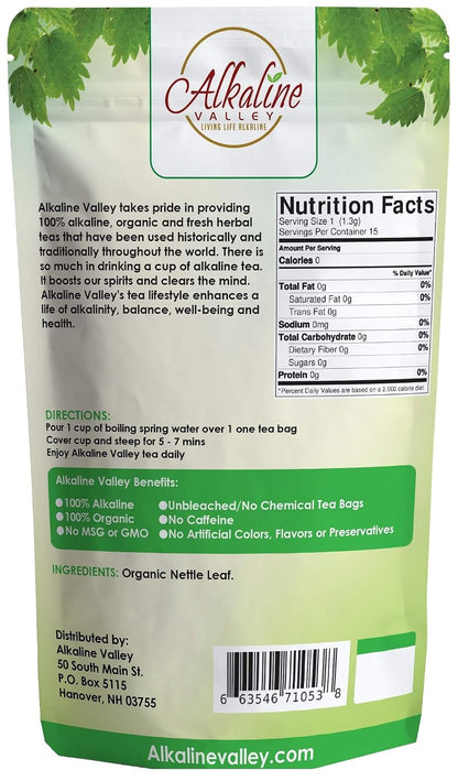 Nettle Leaf Tea - 100% Alkaline and Organic - 15 Unbleached/Chemical-Free Nettle Tea Bags - Caffeine-Free, No GMO