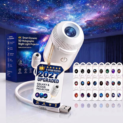 2027 New Hd Smart Dynamic 5d Holographic Night Light Projector, Plug and Play Hd Star Projector, 360° Adjustable Hd Galaxy and Ocean Projector for Bedroom Ceiling (24 Projection Films)