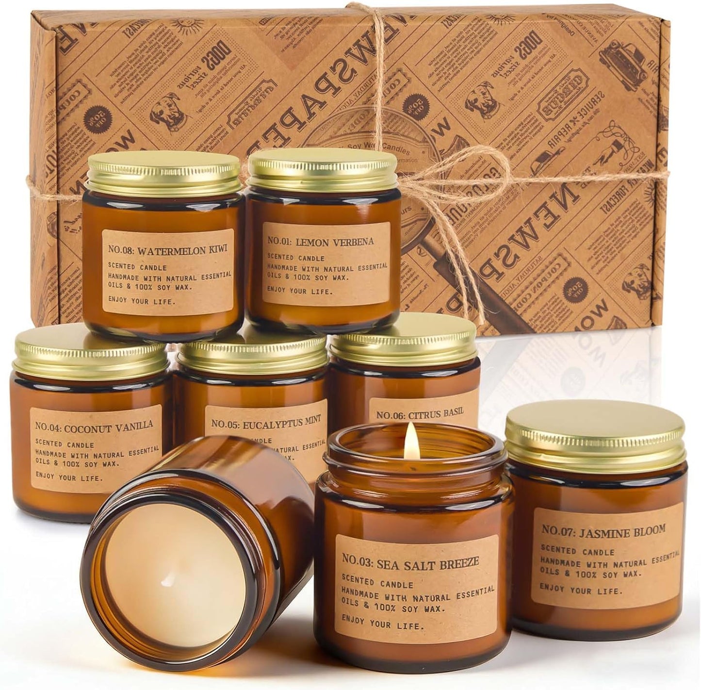 Scented Candles for Home,8 Pack Soy Wax Candle Set,Scented Candles Gift Set,Aromatherapy Candles, Amber Jar Vintage Apothecary Style, 8 Scents Gift Set