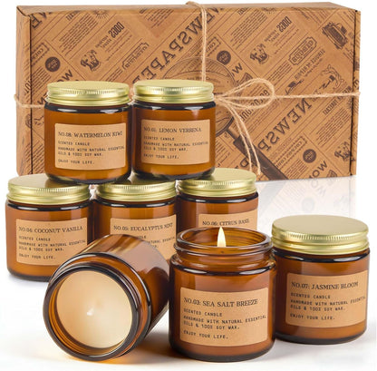 Scented Candles for Home,8 Pack Soy Wax Candle Set,Scented Candles Gift Set,Aromatherapy Candles, Amber Jar Vintage Apothecary Style, 8 Scents Gift Set