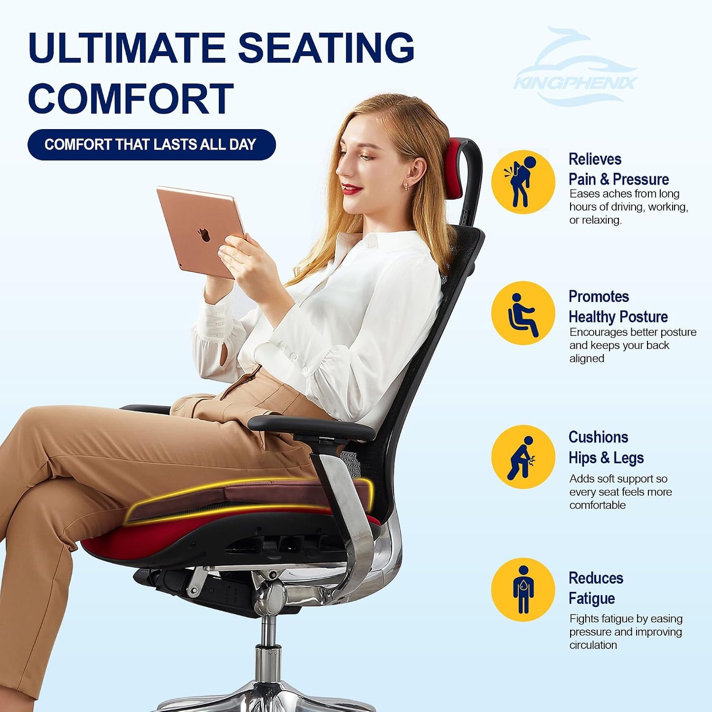 kingphenix Premium Car Seat Cushion, Memory Foam Driver Seat Cushion to Improve Driving View- Coccyx & Lower Back Pain Relief - Seat Cushion for Car, Truck, Office Chair (Leather Black)