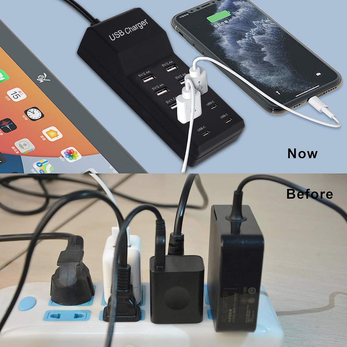 USB Charger,50W USB Charging Station with 10-Port (6 USB-A Port & 4 USB-C Port) Compatible with iPhone 15/14/13/12/11/X/8/7/6 Phones, Watch,Tablets, Smartphones Black