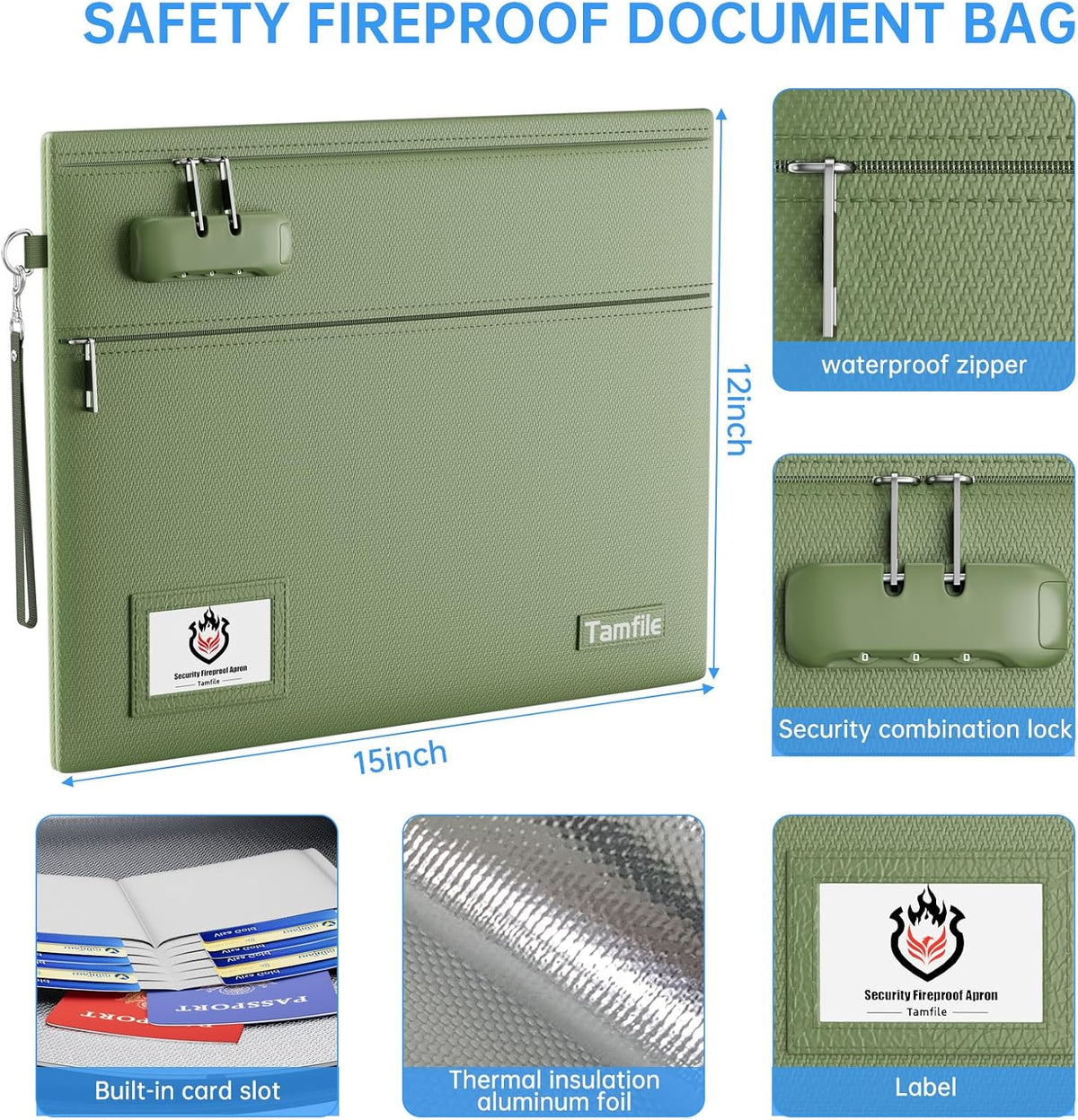 Tamfile Fireproof Document Bag with Lock,15x12 inch Heat Resistant Cash Bag