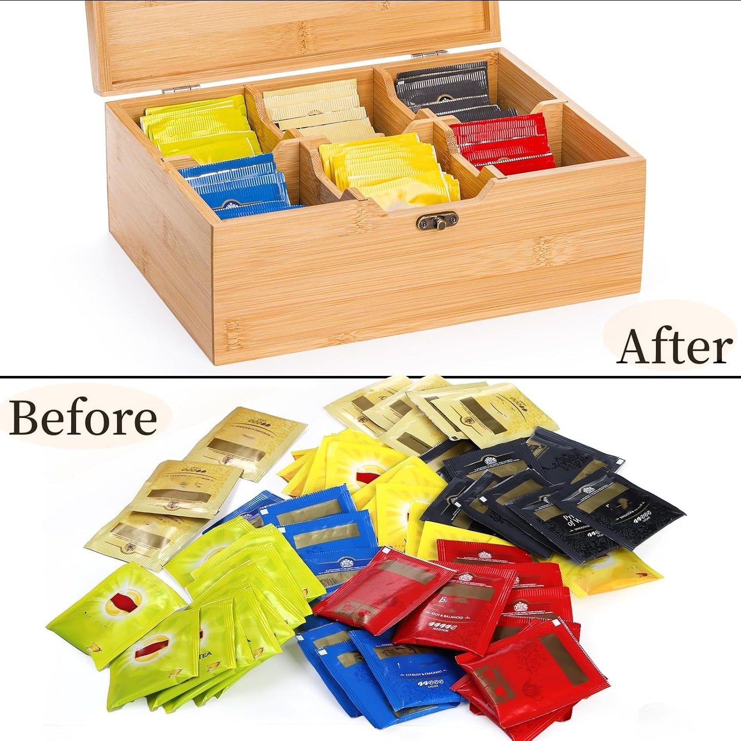 Lyellfe Tea Organizer Box, Bamboo Tea Bag Holder with Lid, Multi-purpose 6-Compartment Coffee Condiment Holder Storage Caddy for Home, Office, Café
