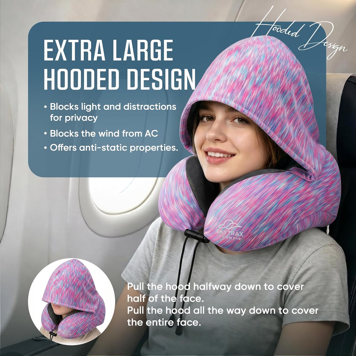 SkytraxComf® Travel Neck Pillow with Hood for Privacy on Long Flights | Memory Foam | Airplane Sleep | Safety-Tested Materials | Extra Large Hood | Chin Support | Earplugs | Washable Cover
