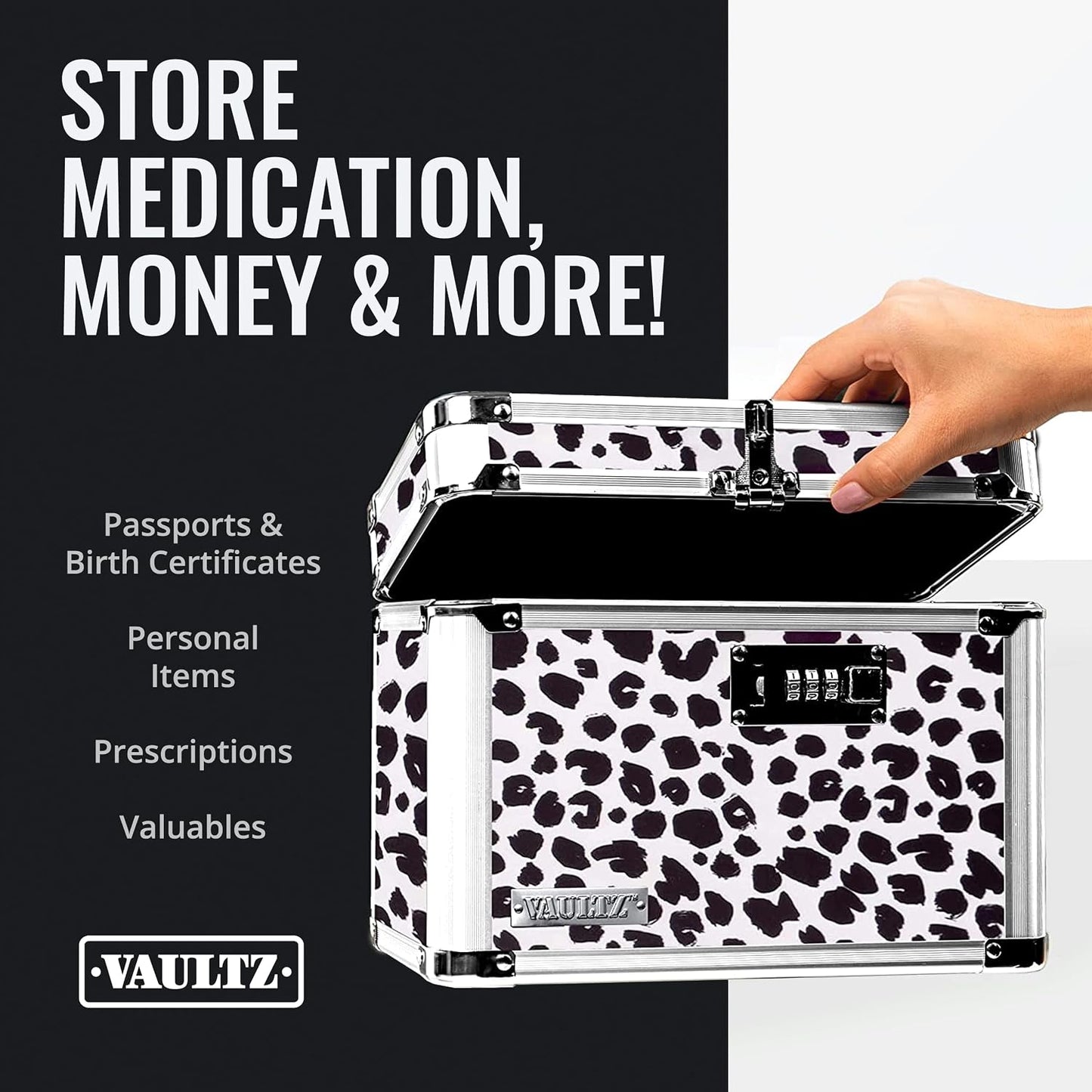 Vaultz Secure Security Lock Boxes - Safe Combination Lock Box, Storage for Documents, Valuables, Medicine & Money - 9.88 x 7.75 x 7 Inch - Black/Chrome
