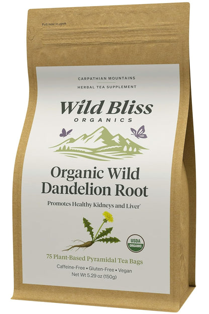Wild Bliss Organic Wild Raw Dandelion Root Tea - Pharmacopoeia Quality Caffeine Free Herbal Detox Support - 75 Plant Based Tea Bags