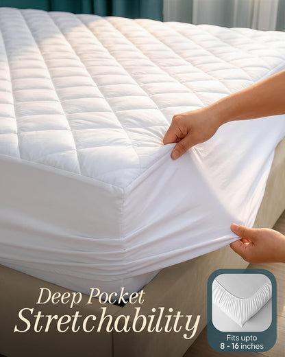 Quilted Fitted Mattress Pad, Queen Mattress Protector Topper with Deep Pocket Stretches up to 16 Inches, Machine Washable Mattress Cover by Utopia Bedding (White)