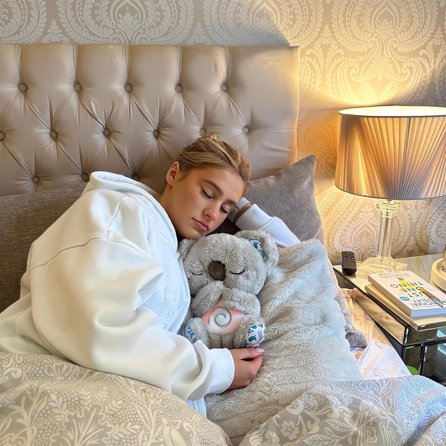 QFCST Relief Koala Breathing Stuffed Toy, Anxiety Relief Plush Breathing Animal, Sleeping Koala Plush Breathing with Musical Lights & Rhythmic Breathing Motion