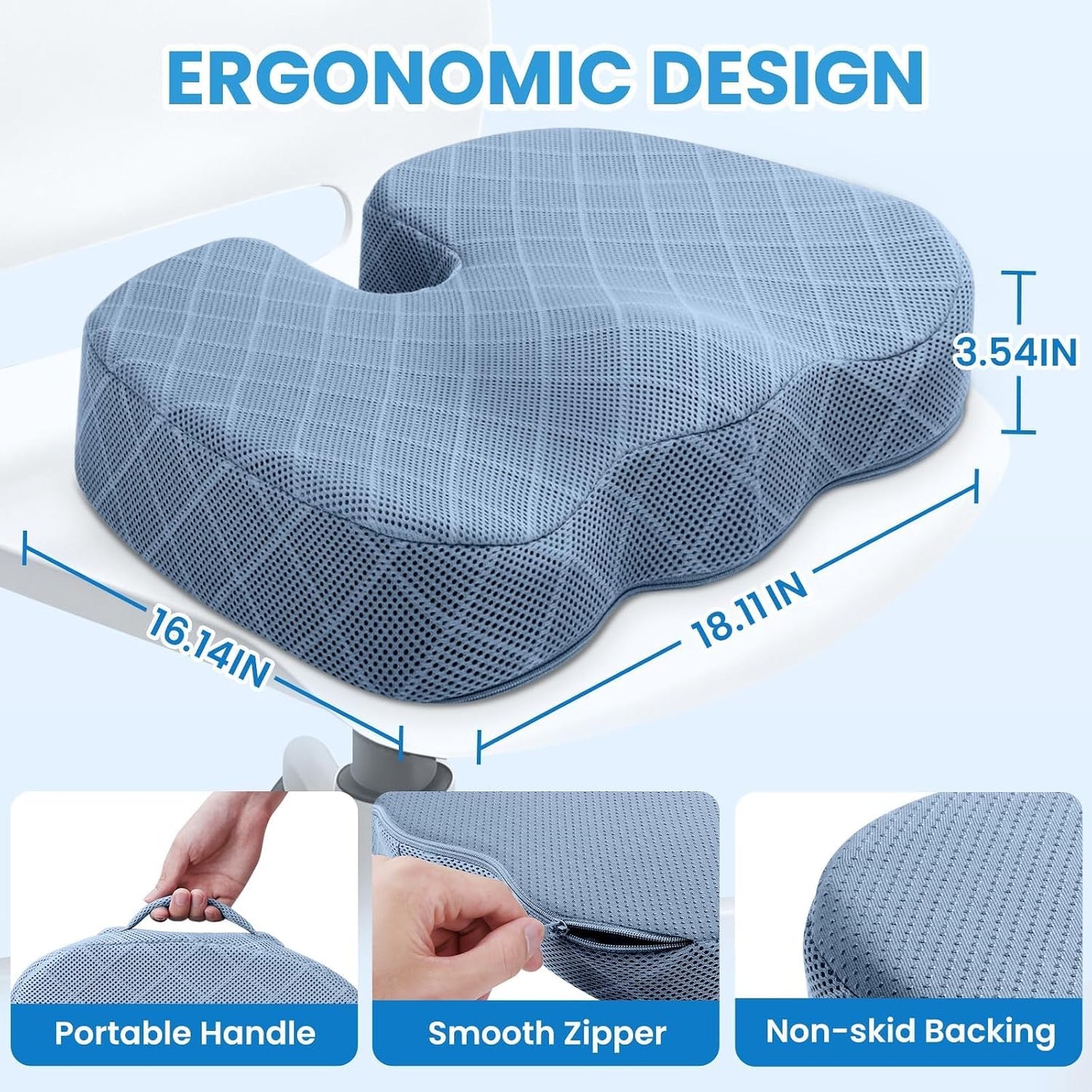 TushGuard Seat Cushion - Memory Foam Sitting Pillow for Office Chair, Car Seat, Airplane, Bleacher - Sciatica & Hip & Coccyx Pain Relief Desk Chair Cushion for Long Sitting Office Workers, Car Drivers