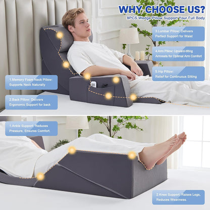 Yojoker 6pcs Orthopedic Bed Wedge Pillow Set for Sleeping, Post Surgery Foam for Body, Back and Leg Pain Relief Comfortable & Adjustable Support Pillows-Anti Snoring, Heartburn