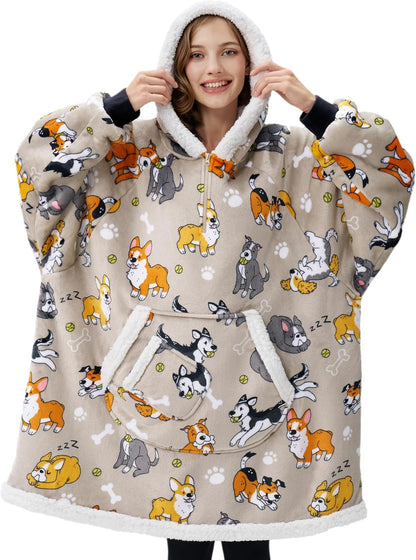 Giggling Getup Wearable Blanket Hoodie for Adults Gifts for Teen Girls Sister Women Sherpa Fleece Printed Hooded Blanket Sweatshirt Warm Cozy with Pocket & Sleeves Beige Cat