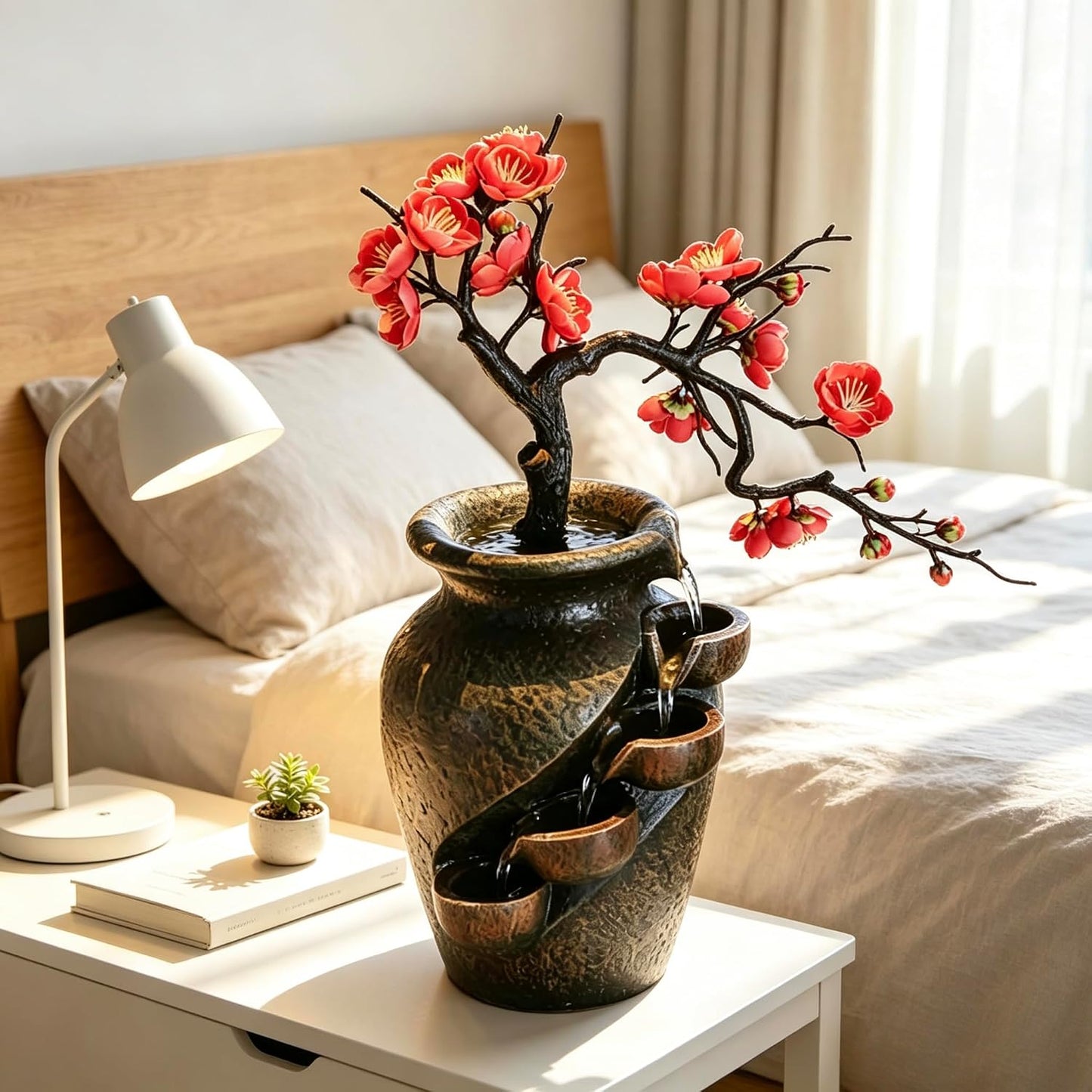 Mini Artificial Bonsai Tree Waterfall Fog Feature Rock Tabletop Fountain | 11in Desktop Decor Waterfall Fountain W/ Water Pump& Atomizer&LED Lights &Fake Tree Office Bedroom Relax