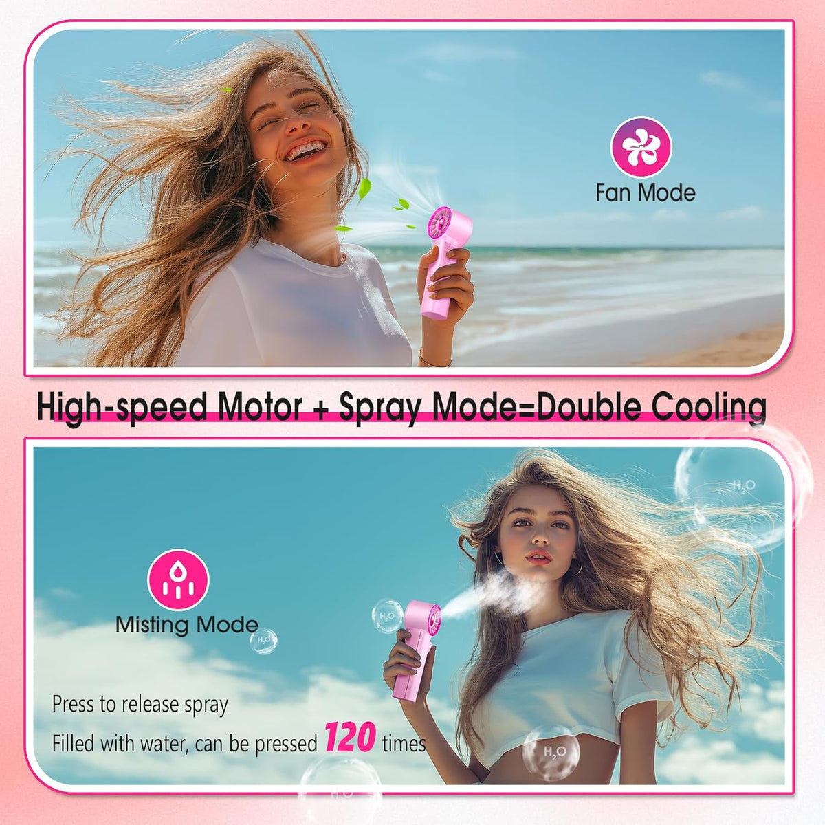Ausic Portable Handheld Misting Fan, Pink Turbo Fans with Mist, High-Speed, Personal Small Water Spray Fan, Outdoor Cooling Rechargeable Battery Pocket Fans for Kids/Travel/Makeup/Shopping