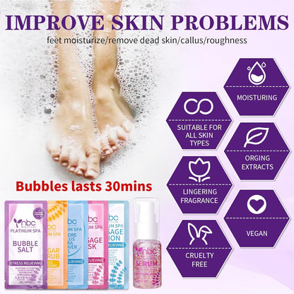 Pedicure Kit Foot Soak Set: Bubble Salt, Sugar Scrub, Massage Mask, Massage Lotion in a Box, 4 Step Foot Spa Kit for Dry Feet, Softens Calluses, Tired Feet（3 Set Lavender) - Colors B