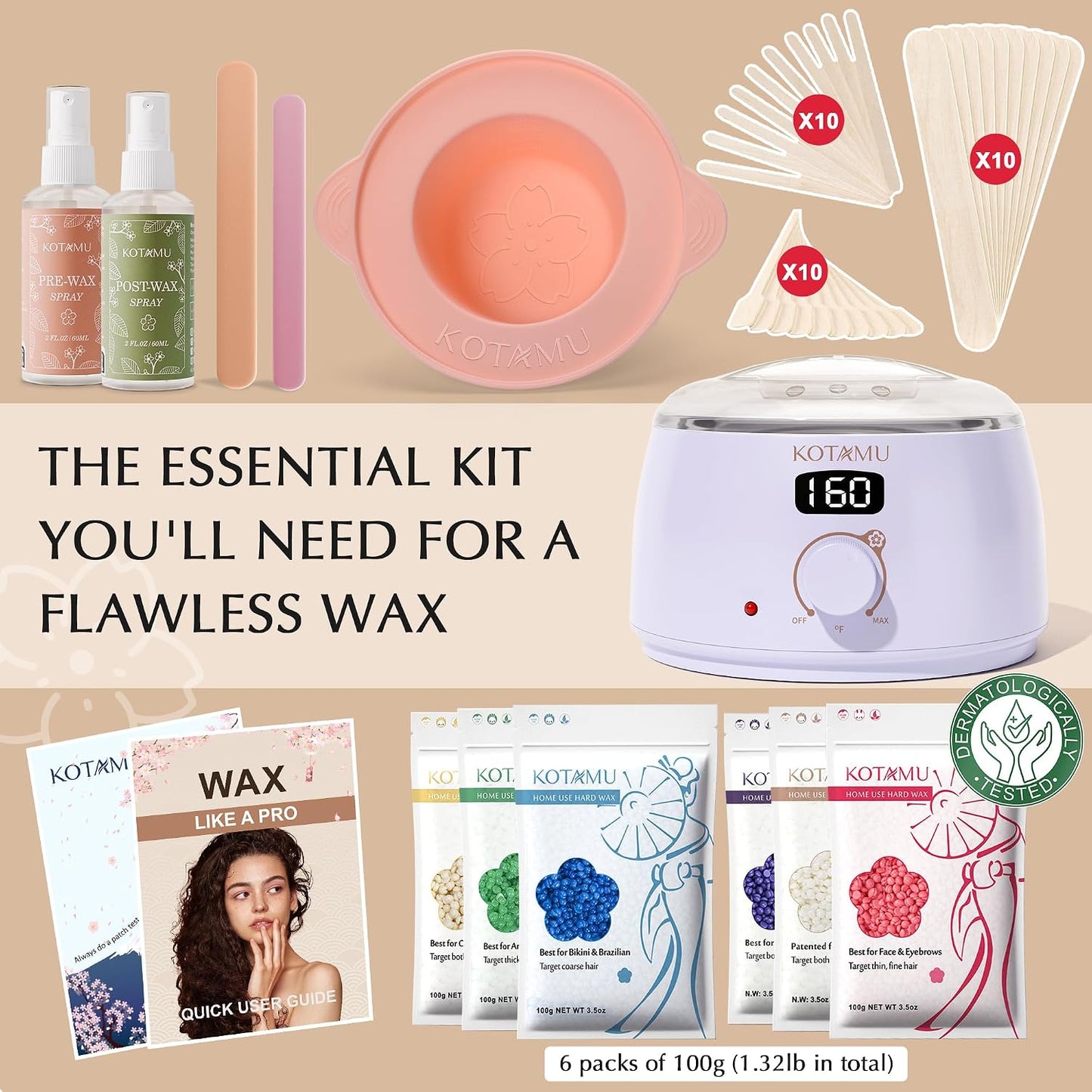 KOTAMU Waxing Kit for Women & Men, Pink Digital Wax Pot Warmer Hair Removal | Home Hard Wax Kit, Wax Machine, Face, Eyebrow, Bikini, Brazilian, Body, Sensitive Skin, 25 Accessories, Beginner-Friendly