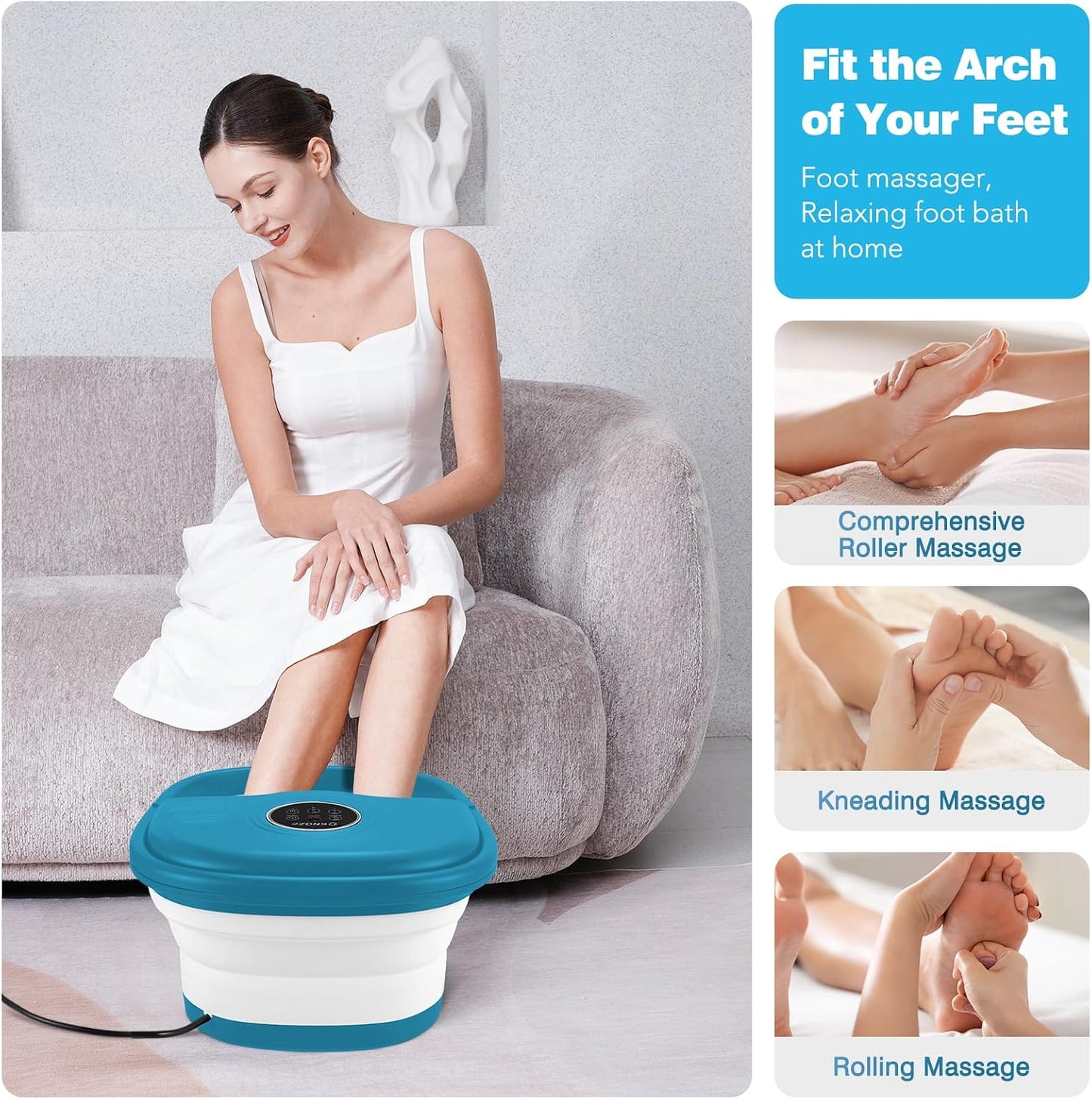 KNQZE Collapsible Foot Spa Bath with Heat & Remote Control, Bubble Massage, Temperature Control, Red Light, Timer, 16 Rollers & Pumice Stone for a Soothing Spa Experience
