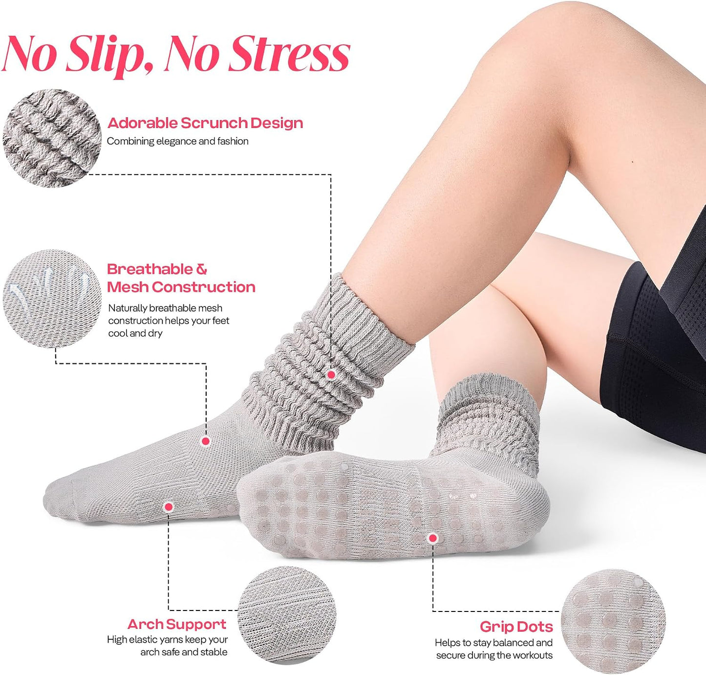 COOLMATE Pilates Socks with Grips for Women, Yoga Socks, Crew Non Slip Women for Barre, Pilates Gifts for Women - Colors B