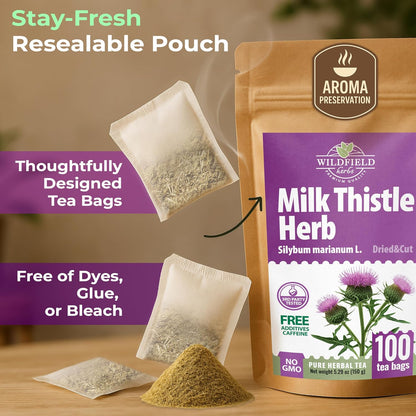 100 Bags Milk Thistle Tea Herb Dried Cardo Mariano Herbal (Silybum Marianum) - 100 Count 1.5g Tea Bags Dry Milk Thistle Herb Cardo De Leche
