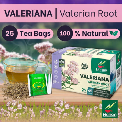 Hanan Valerian Root Tea (Valeriana) - 25 Herbal Tea Bags from Peru – Nature’s Calming Supplement for Relaxation Before Bed – 1000mg Valeerian Valerain per Filtered Teabag