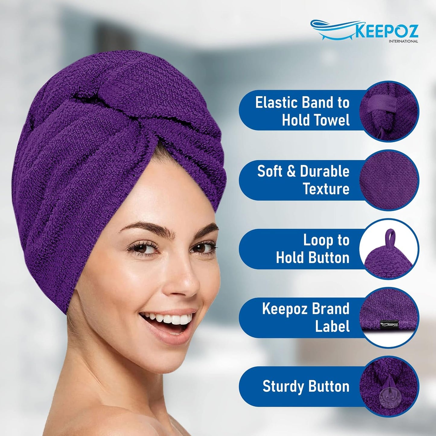 KEEPOZ 100% Cotton Hair Towel Wrap Quick Dry Super Absorbent Turban Head Wrap for Women with Button, Anti Frizz, Hair Cap for Curly, Long & Thick Hair (White, 1 Pc)