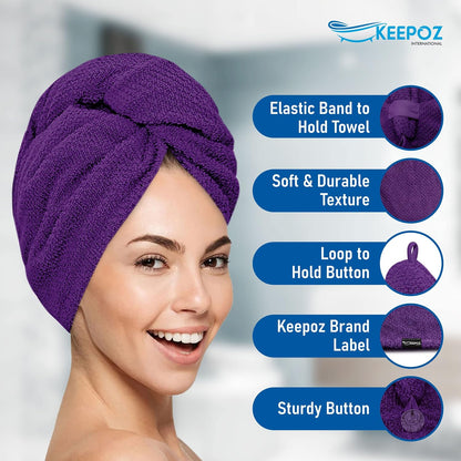 KEEPOZ 100% Cotton Hair Towel Wrap Quick Dry Super Absorbent Turban Head Wrap for Women with Button, Anti Frizz, Hair Cap for Curly, Long & Thick Hair (White, 1 Pc)