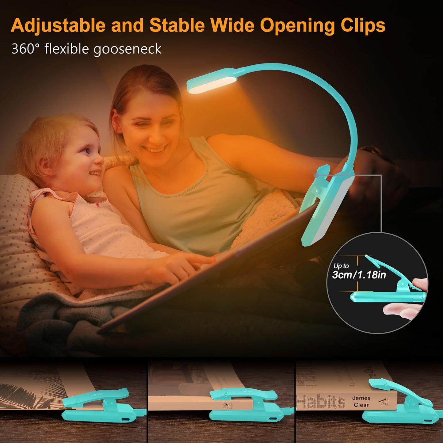 Gritin 16 LED Rechargeable Book Light for Reading in Bed- Eye Caring 3 Color Temperatures, Stepless Dimming Brightness, 80 Hrs Runtime, Lightweight Flexible Clip on Light for Book Lovers