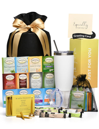 Tea Lovers Gifts Basket - Gift Set Include Temperature Retention Cup 12 Special Blend Teabags & Honey Presented in Beautiful Gift Bag For Women & Men - Birthday, Get Well, Thinking of You Care Package