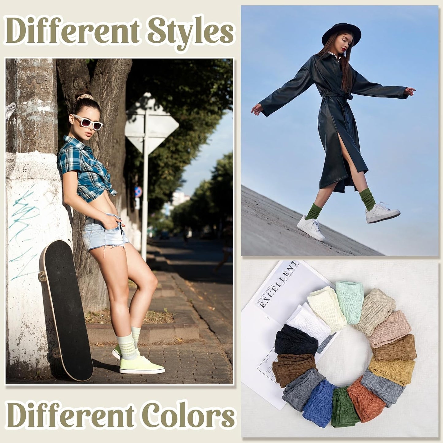 Justay 5 Pairs Slouchy Socks for Women - Slouch Long Crew Knit Boot Athletic Calf Tube Scrunch Socks