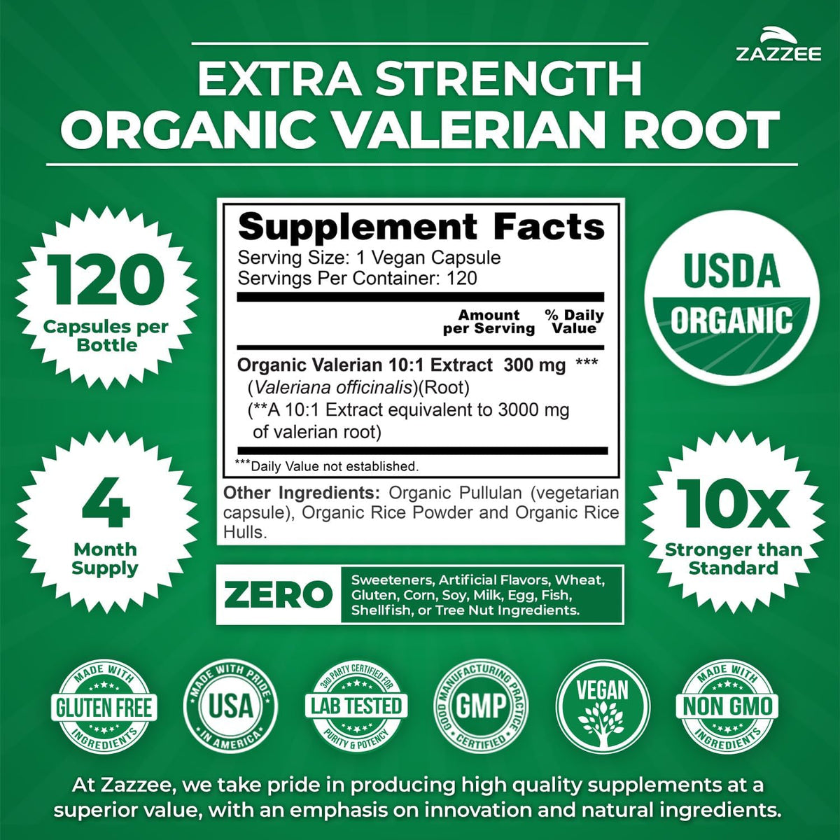 Zazzee USDA Organic Valerian Root 10:1 Extract, 120 Vegan Capsules