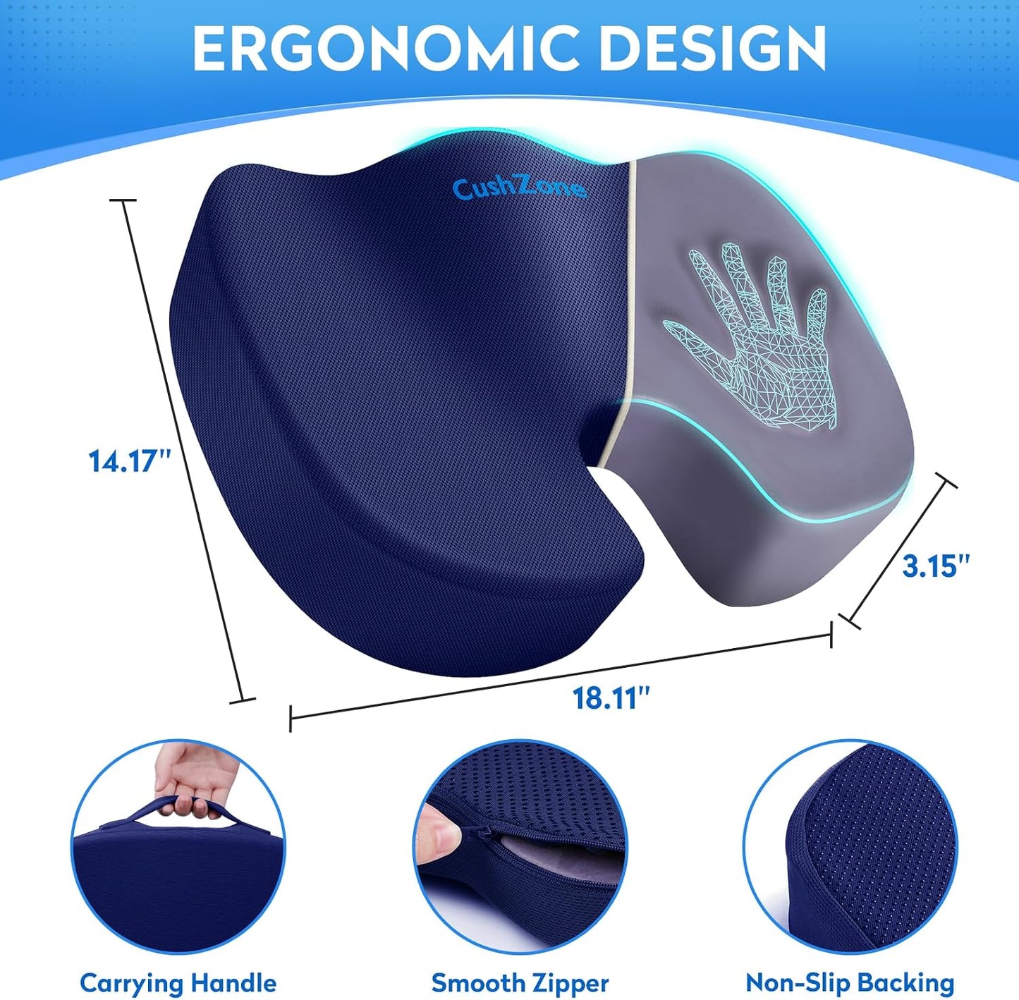 CushZone Seat Cushion - Memory Foam Office Chair Cushion for Sciatica, Tailbone & Back Pain Relief - Orthopedic Coccyx Pillow for Car, Airplane, Pregnancy & Long Sitting at Work, Black
