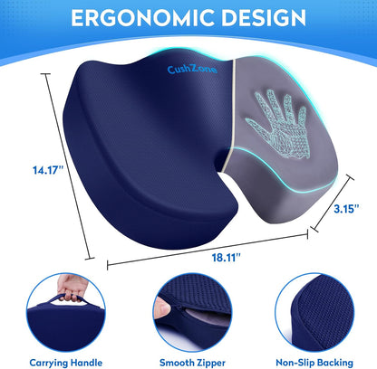 CushZone Seat Cushion - Memory Foam Office Chair Cushion for Sciatica, Tailbone & Back Pain Relief - Orthopedic Coccyx Pillow for Car, Airplane, Pregnancy & Long Sitting at Work, Black
