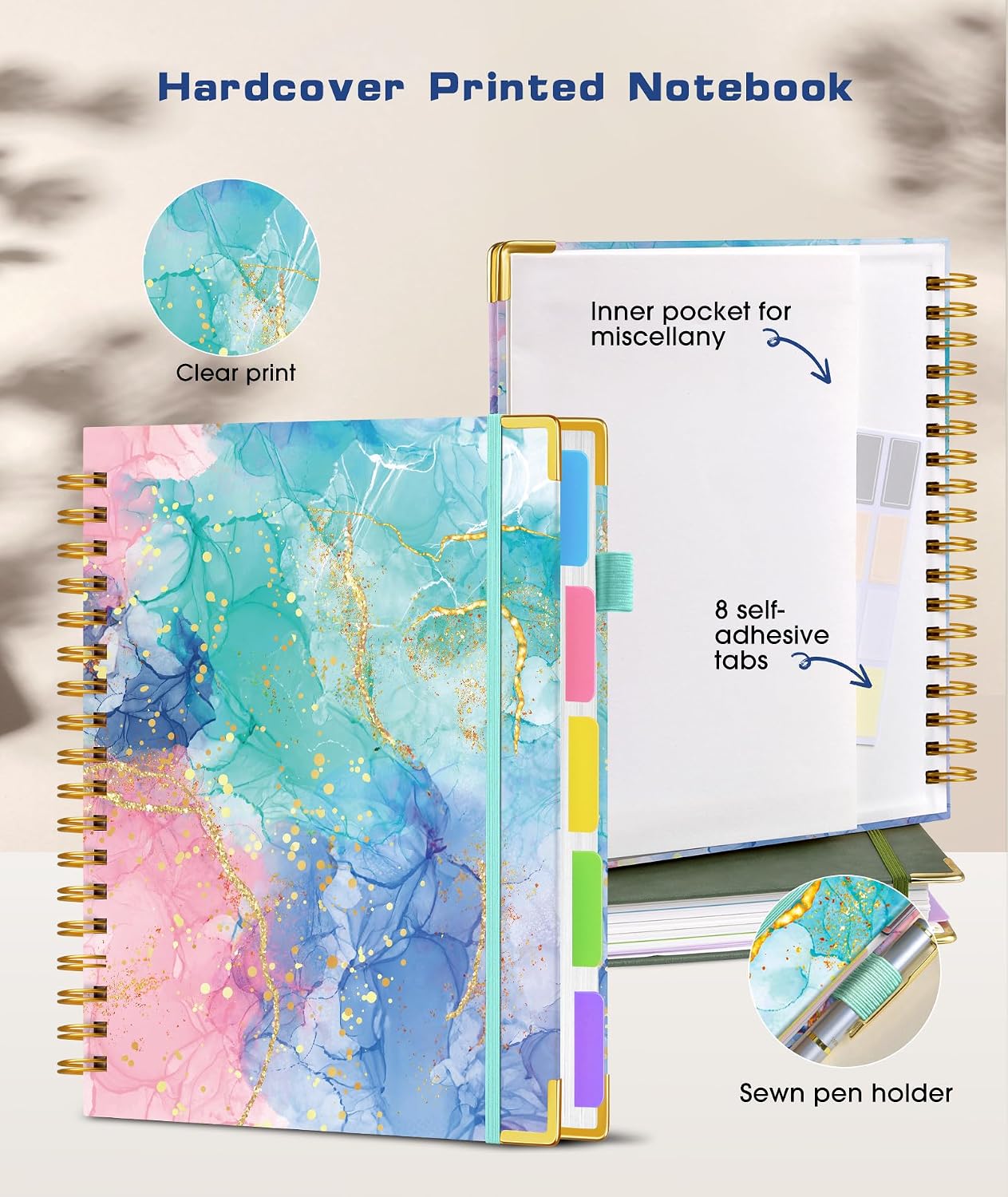Hardcover Spiral Notebook journal with Removable Dividers Tabs, 300 Pages Leather 5 Subject Notebook College Ruled, 8"x10" Large B5 Notebooks for Work School Note taking, Lined Journal for Women,Black
