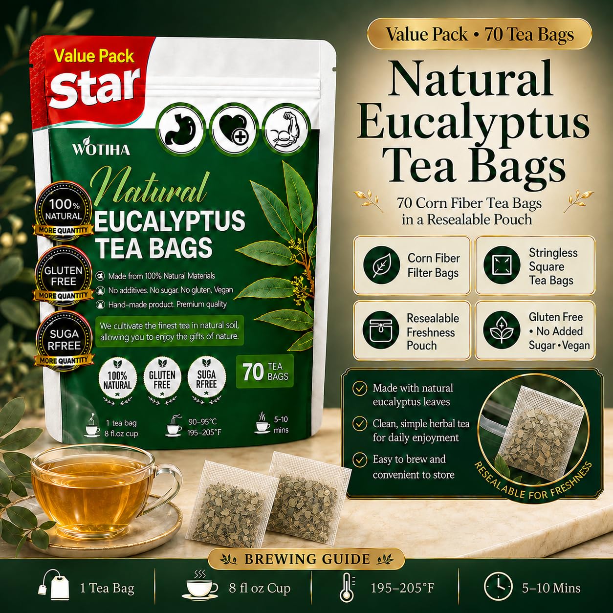 WOTIHA 60 Count Premium Lemon Balm Tea Bags - 100% Pure Natural Leaves, Lemony Citrusy Flavor, Supports Calming & Digestion, Caffeine-Free, Additive-Free, Sugar-Free, Vegan Non-GMO