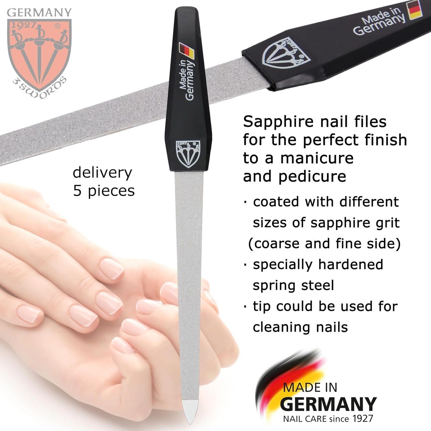 3 Swords Germany - Brand Quality Sapphire Metal Nail File Set (5 pcs.) with 3-Way Nail Buffer (1 pc.), Manicure Pedicure Finger & Toe Nail Care - Made in Solingen Germany (671)