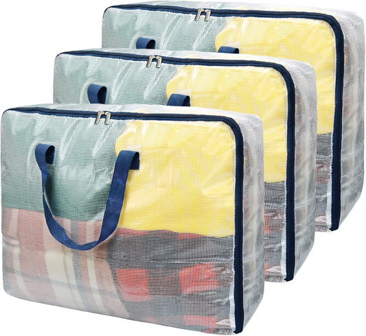 Ineetatu Clear Storage Bags with Zipper, 75L Extra Large Capacity - Closet, Underbed Storage Organizer for Clothes, Bedding, Comforter, Toys, Pillow & Blanket, 3 Pack