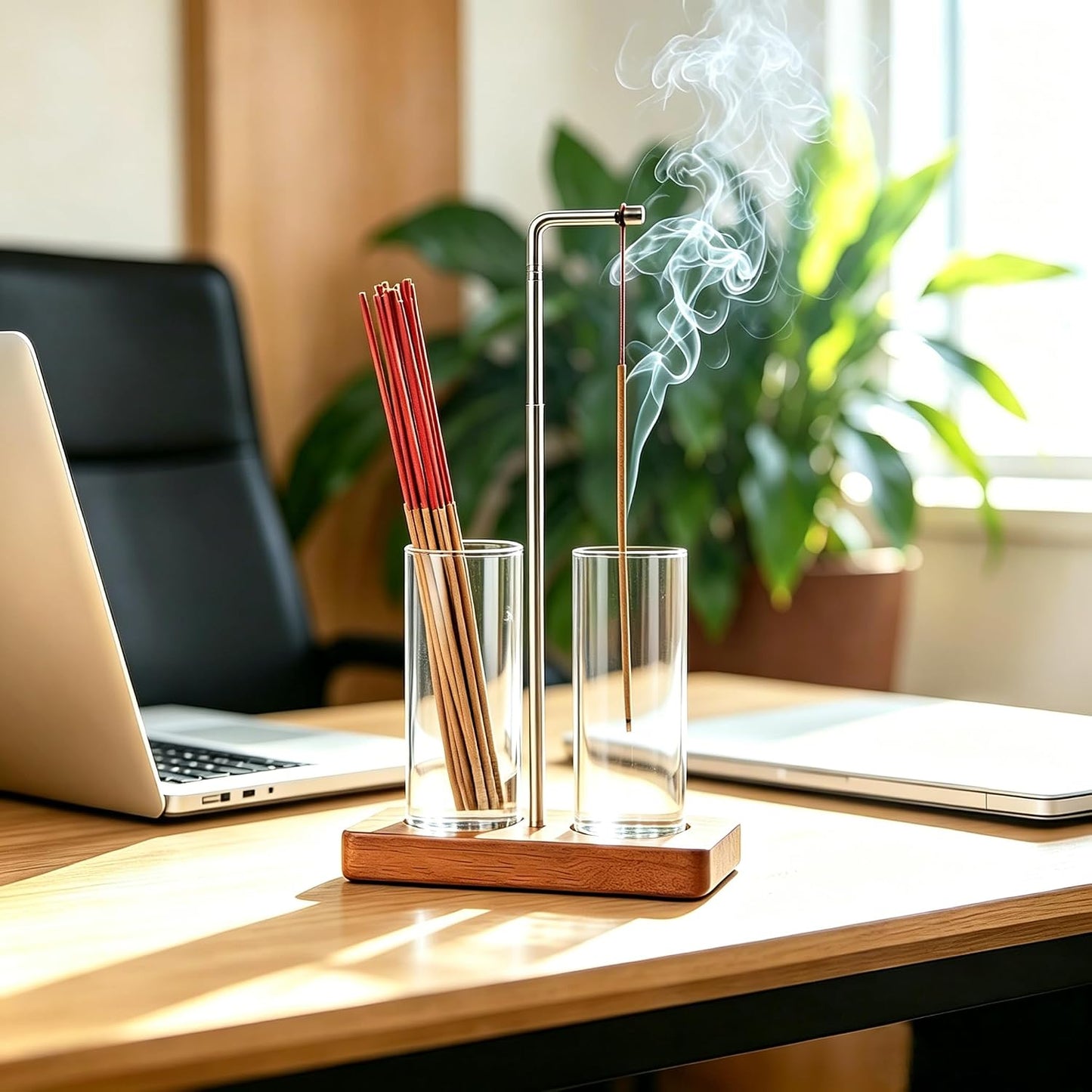 Incense Holder for Sticks, 2 in 1 Incense Sticks Burner with Glass Ash Catcher & Storage, Upside Down Incense Holder with Brush, Anti-Ash for Yoga Meditation Spa Outdoor Patio(Extends 8.7"-13.4")