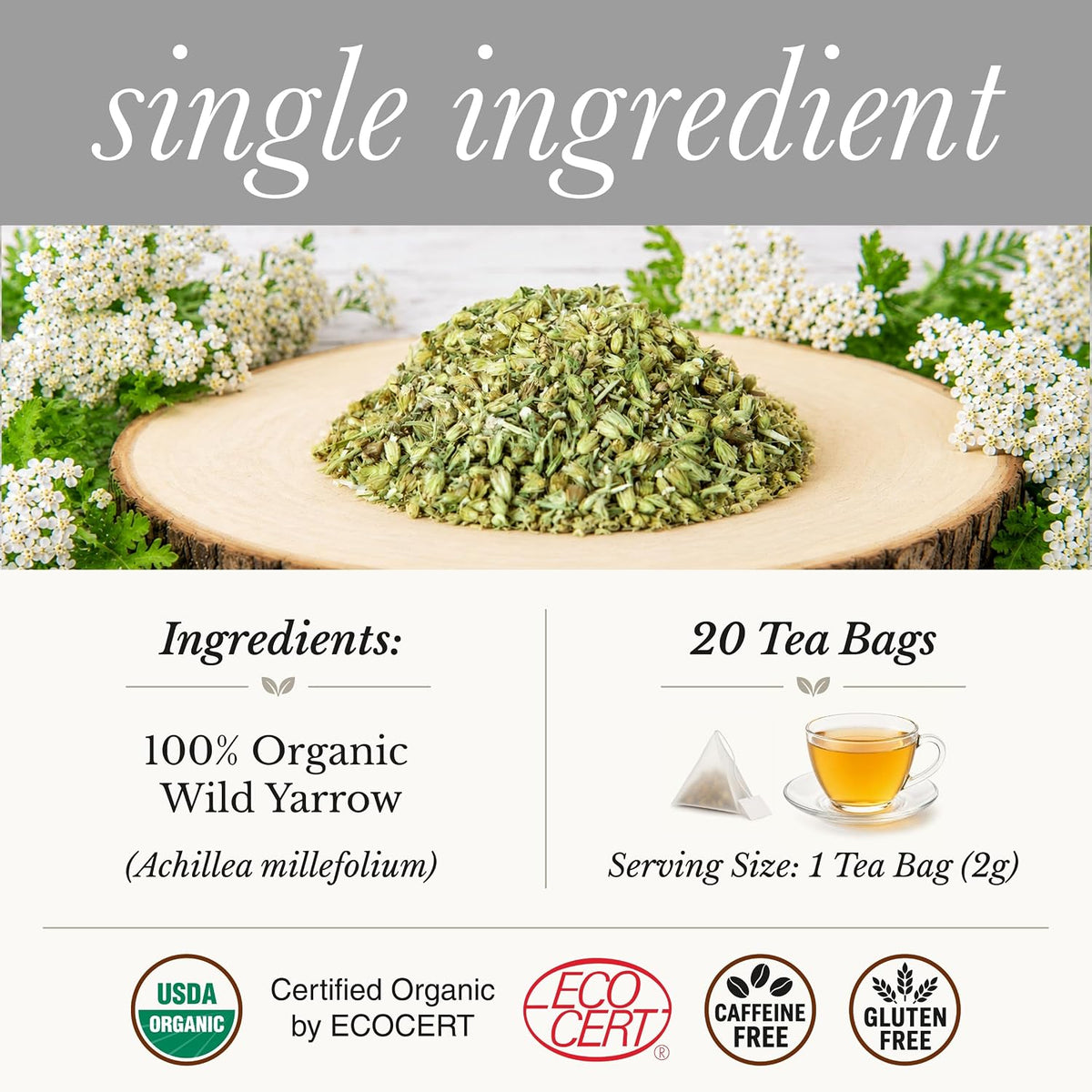 Wild Bliss Organic Wild Yarrow Flower Herbal Tea, 25 Tea Bags