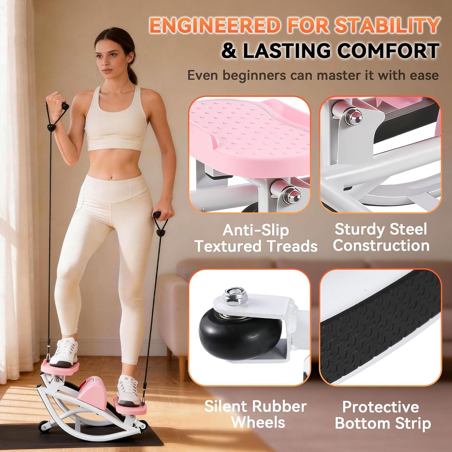 Rock Stepper - Steppers for Exercise at Home, Portable Stepper Side to Side with Digital Display & Resistance Bands, 330 LBS Capacity Full Body Workout Low-Impact Knee-Friendly 3D Stair Stepper