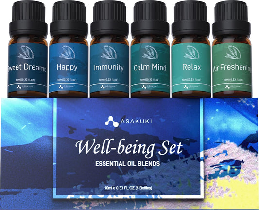 ASAKUKI Essential Oils for Diffuser –6 Mood Essential Oil Blends (Breathe, Uplift, Sensual, Balance, Unwind, Rest) for Morning to Night Rituals, Home & Daily Use-Thoughtful Gift
