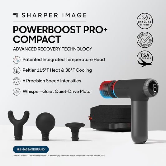 Sharper Image Powerboost Move - Mini Percussion Massage Gun| 4 Attachments, 4 Speeds, FSA Eligible| Full Body Back & Shoulder Massager| Deep Tissue Muscle Recovery| Portable Pain Relief Massage Tool
