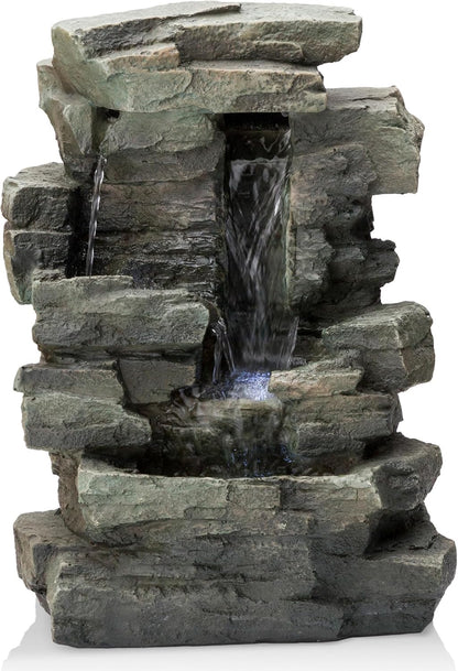 Alpine Corporation 13" Tall Indoor Tabletop Water Fountain, 4 Tier Cascading Water Feature with LED Lights for Home, Office, Living Room, or Zen Decor, Gray